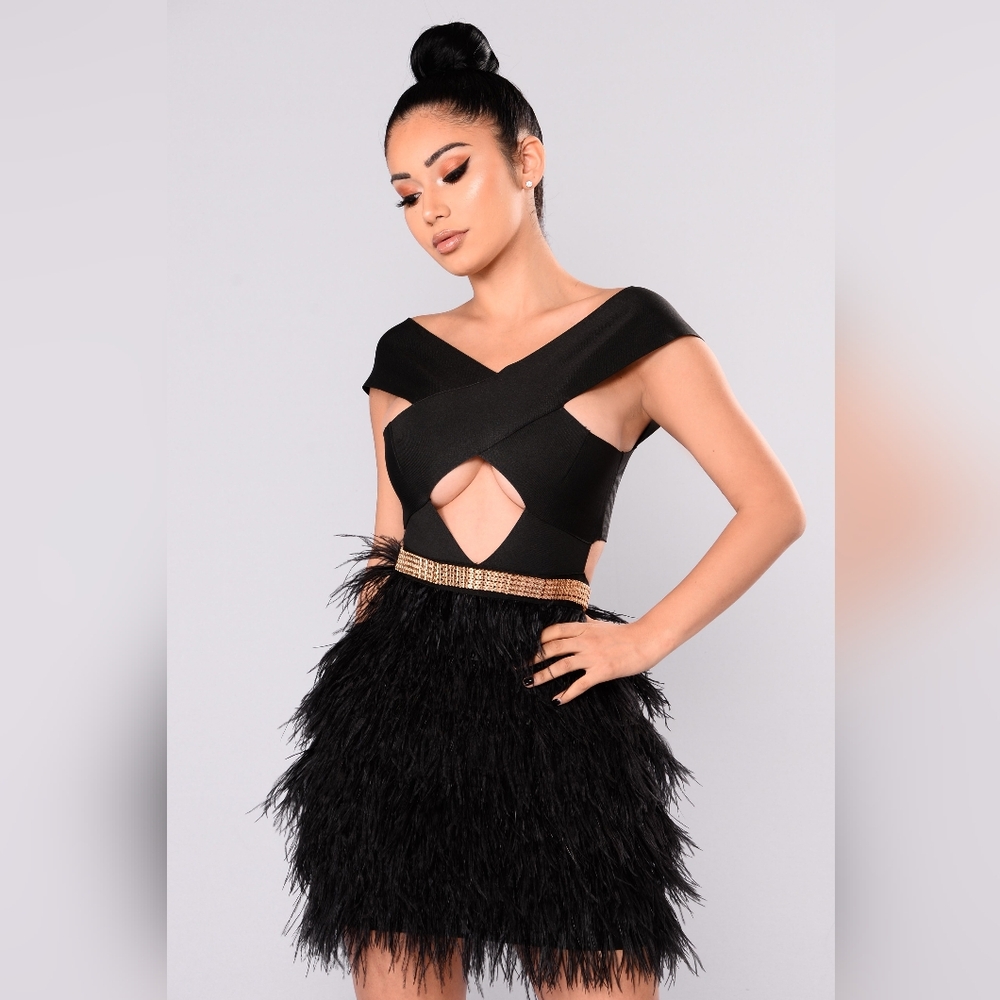 Fashion Nova Leticia Black Cut Out Bandage Feather Dress Large L